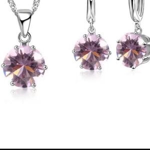 925 Sterling Silver Pink Zirconia Earrings & Necklace Jewelry Set Gift Boxed🆕
